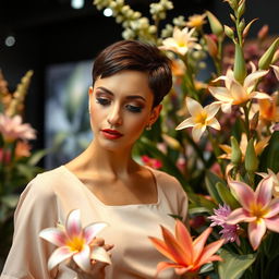 A woman with a short hairstyle and bold makeup stands among floral arrangements at an exhibition