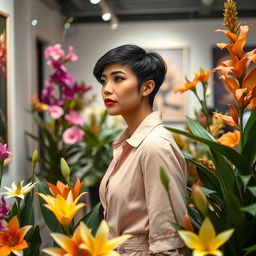 A woman with a short hairstyle and bold makeup stands among floral arrangements at an exhibition
