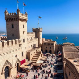 A detailed view of the fortified medieval city of Caffa, showcasing high stone walls, majestic towers, and a bustling marketplace inside the city
