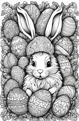 A detailed black and white colouring book page featuring an intricately designed bunny surrounded by various Easter eggs