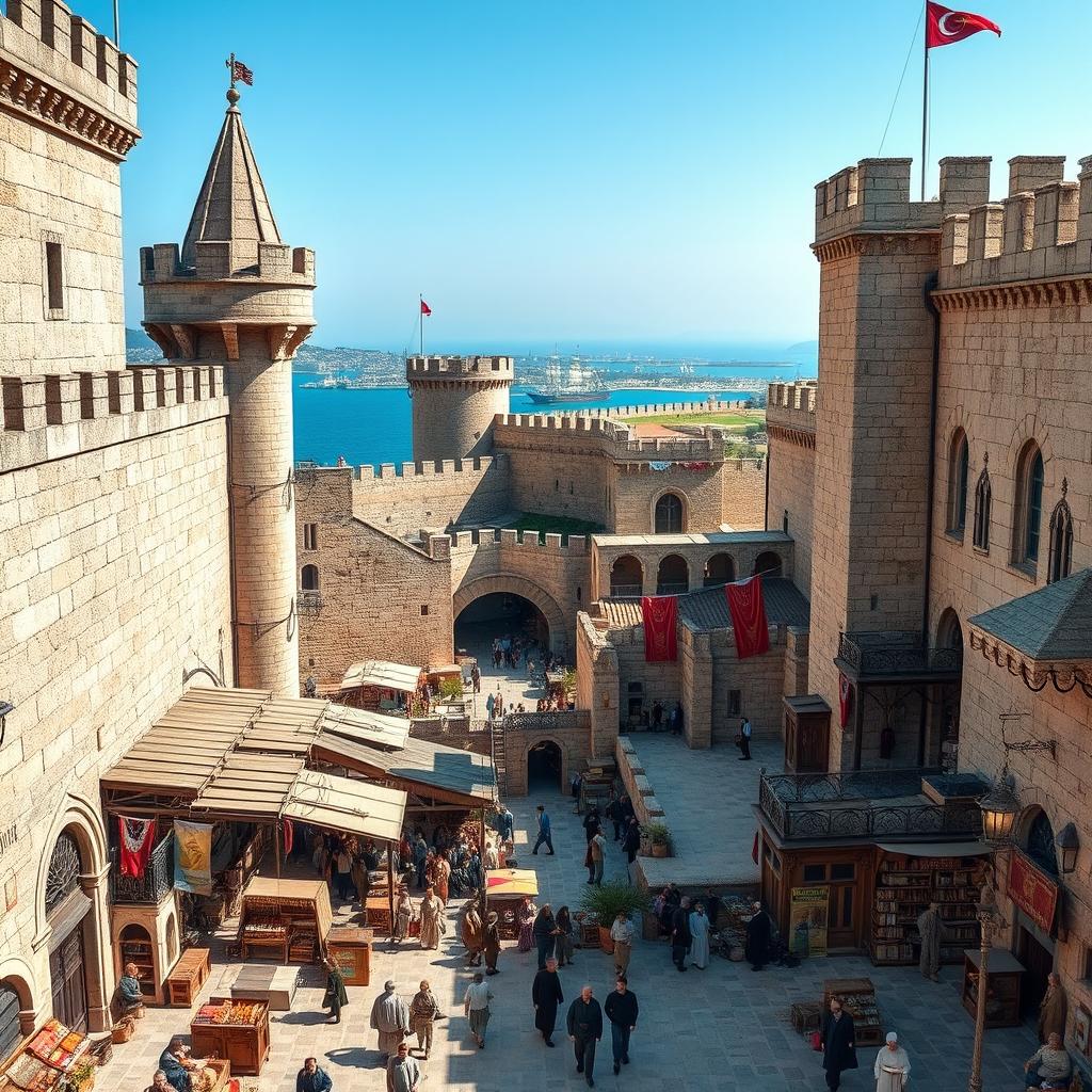 A detailed view of the fortified medieval city of Caffa, showcasing high stone walls, majestic towers, and a bustling marketplace inside the city