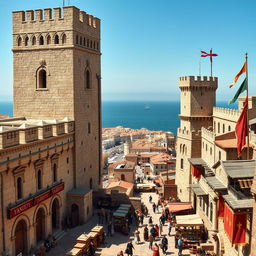 A detailed view of the fortified medieval city of Caffa, showcasing high stone walls, majestic towers, and a bustling marketplace inside the city