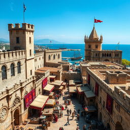 A detailed view of the fortified medieval city of Caffa, showcasing high stone walls, majestic towers, and a bustling marketplace inside the city