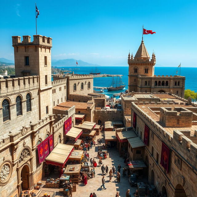 A detailed view of the fortified medieval city of Caffa, showcasing high stone walls, majestic towers, and a bustling marketplace inside the city