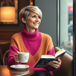 A woman with a short hairstyle and a bright sweater sits at a cozy café table, enjoying a cup of latte
