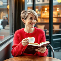 A woman with a short hairstyle and a bright sweater sits at a cozy café table, enjoying a cup of latte