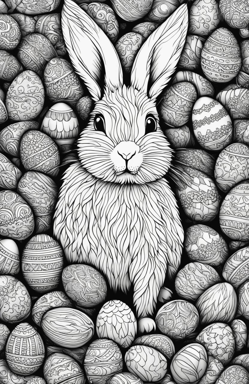 A detailed black and white colouring book page featuring an intricately designed bunny surrounded by various Easter eggs