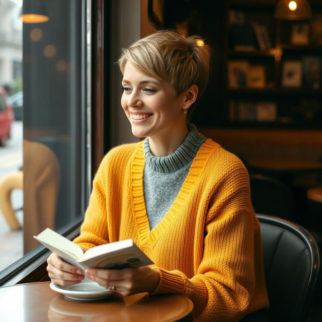 A woman with a short hairstyle and a bright sweater sits at a cozy café table, enjoying a cup of latte