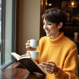 A woman with a short hairstyle and a bright sweater sits at a cozy café table, enjoying a cup of latte