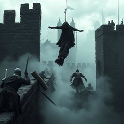 A dark, ominous scene depicting plague-infected bodies being tossed over high stone walls, with eerie fog swirling around the environment