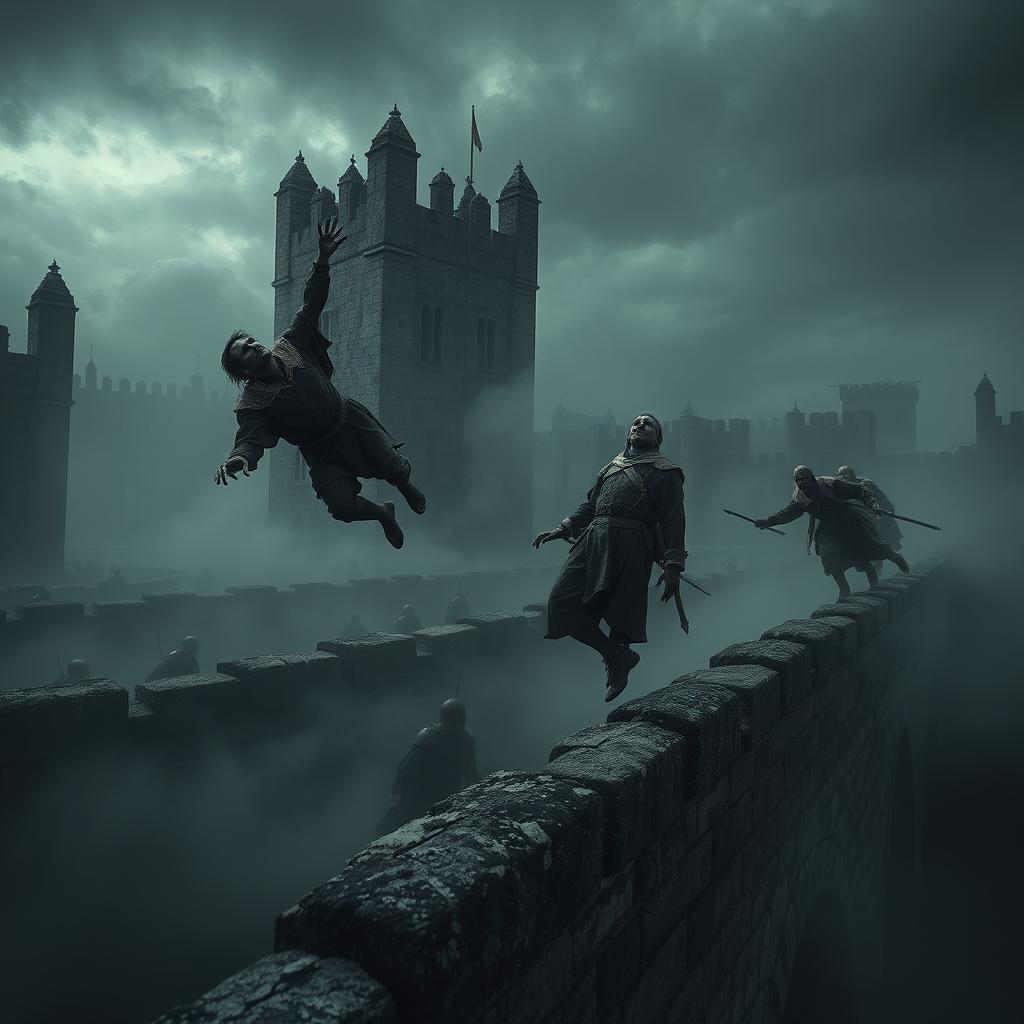 A dark, ominous scene depicting plague-infected bodies being tossed over high stone walls, with eerie fog swirling around the environment