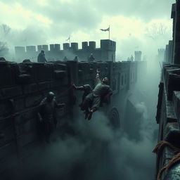 A dark, ominous scene depicting plague-infected bodies being tossed over high stone walls, with eerie fog swirling around the environment