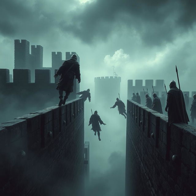 A dark, ominous scene depicting plague-infected bodies being tossed over high stone walls, with eerie fog swirling around the environment