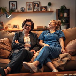 A warm and cozy living room scene featuring two lesbians relaxing on a comfortable couch after a long day at work