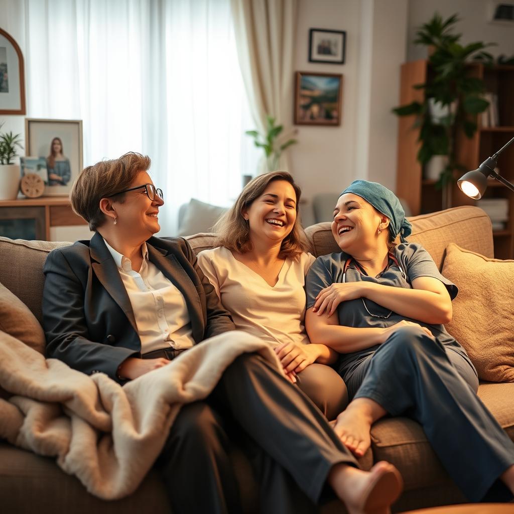 A warm and cozy living room scene featuring two lesbians relaxing on a comfortable couch after a long day at work