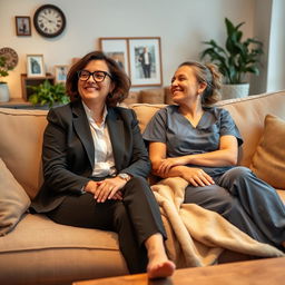 A warm and cozy living room scene featuring two lesbians relaxing on a comfortable couch after a long day at work