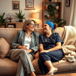 A warm and cozy living room scene featuring two lesbians relaxing on a comfortable couch after a long day at work