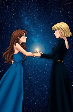 A captivating night sky filled with myriad sparkling stars as the backdrop, focusing on two women who are reaching out for each other with an emotional connection