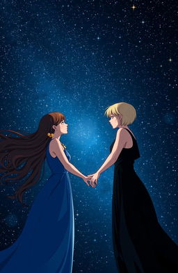 A captivating night sky filled with myriad sparkling stars as the backdrop, focusing on two women who are reaching out for each other with an emotional connection
