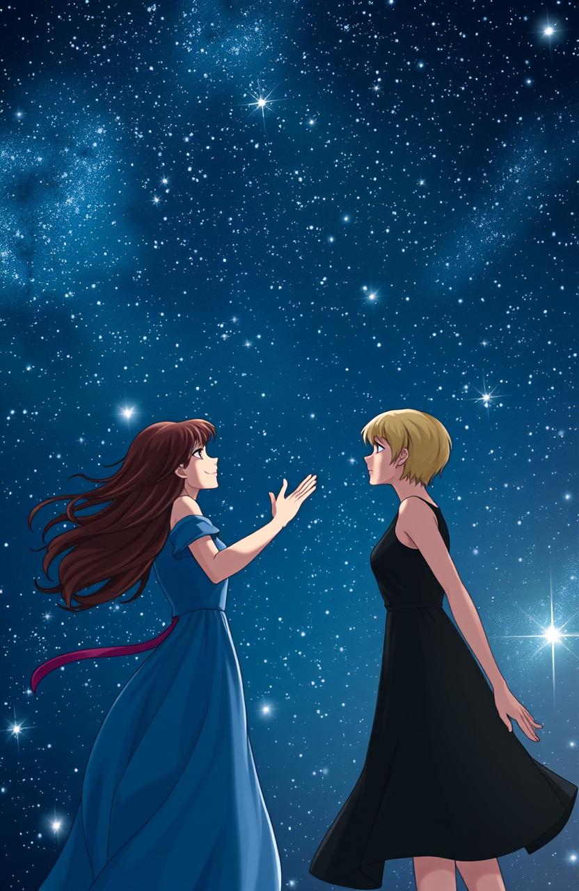 A captivating night sky filled with myriad sparkling stars as the backdrop, focusing on two women who are reaching out for each other with an emotional connection