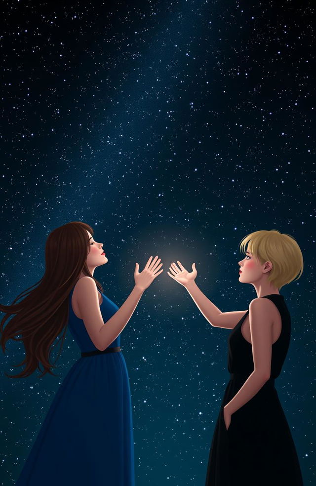 A captivating night sky filled with myriad sparkling stars as the backdrop, focusing on two women who are reaching out for each other with an emotional connection