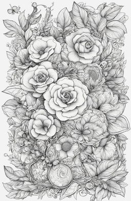 This is a collection of high-quality, black and white line art images, drawn in the detailed and whimsical style of Kerby Rosanes