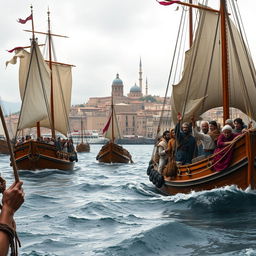 A picturesque yet foreboding scene of ships setting sail from the port of Caffa, with billowing sails catching the wind