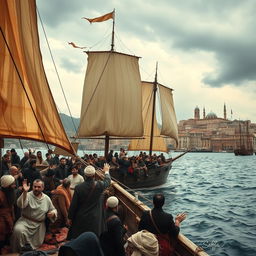 A picturesque yet foreboding scene of ships setting sail from the port of Caffa, with billowing sails catching the wind