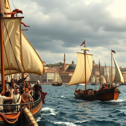 A picturesque yet foreboding scene of ships setting sail from the port of Caffa, with billowing sails catching the wind
