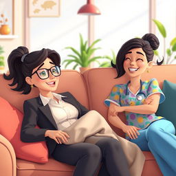 An animated scene depicting two lesbians relaxing on a cozy couch after a long workday
