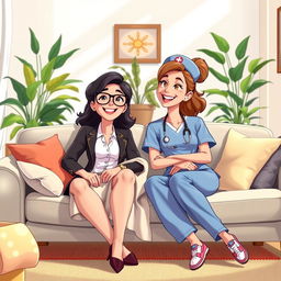 An animated scene depicting two lesbians relaxing on a cozy couch after a long workday