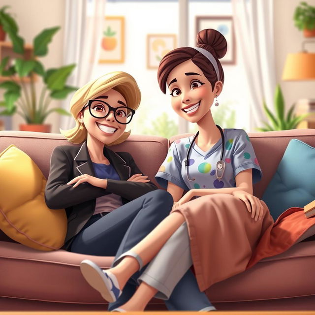 An animated scene depicting two lesbians relaxing on a cozy couch after a long workday