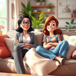 An animated scene depicting two lesbians relaxing on a cozy couch after a long workday