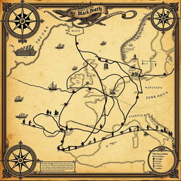 An intricate, vintage map illustrating the spread of the Black Death from the port of Caffa to various parts of Europe