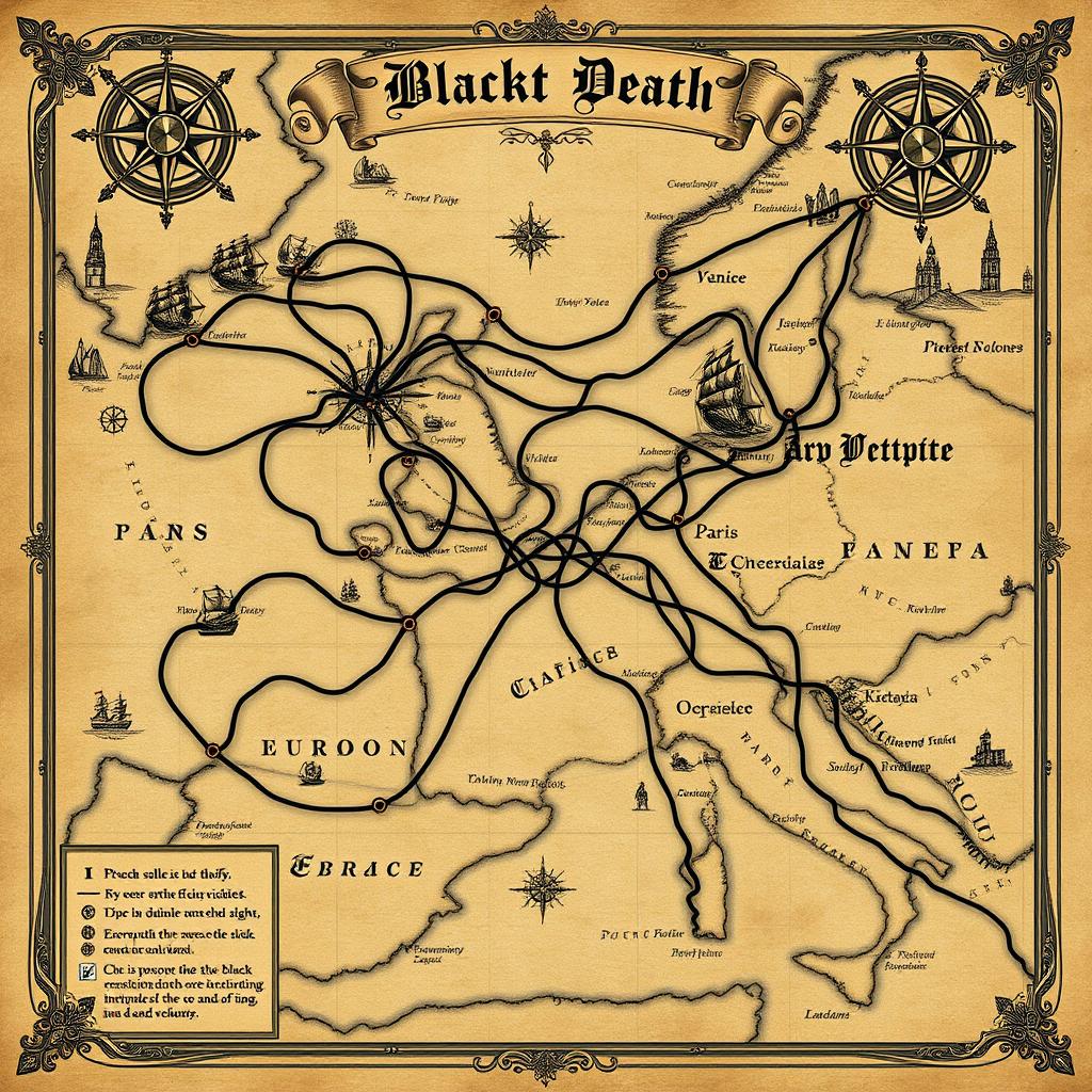 An intricate, vintage map illustrating the spread of the Black Death from the port of Caffa to various parts of Europe