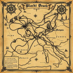 An intricate, vintage map illustrating the spread of the Black Death from the port of Caffa to various parts of Europe