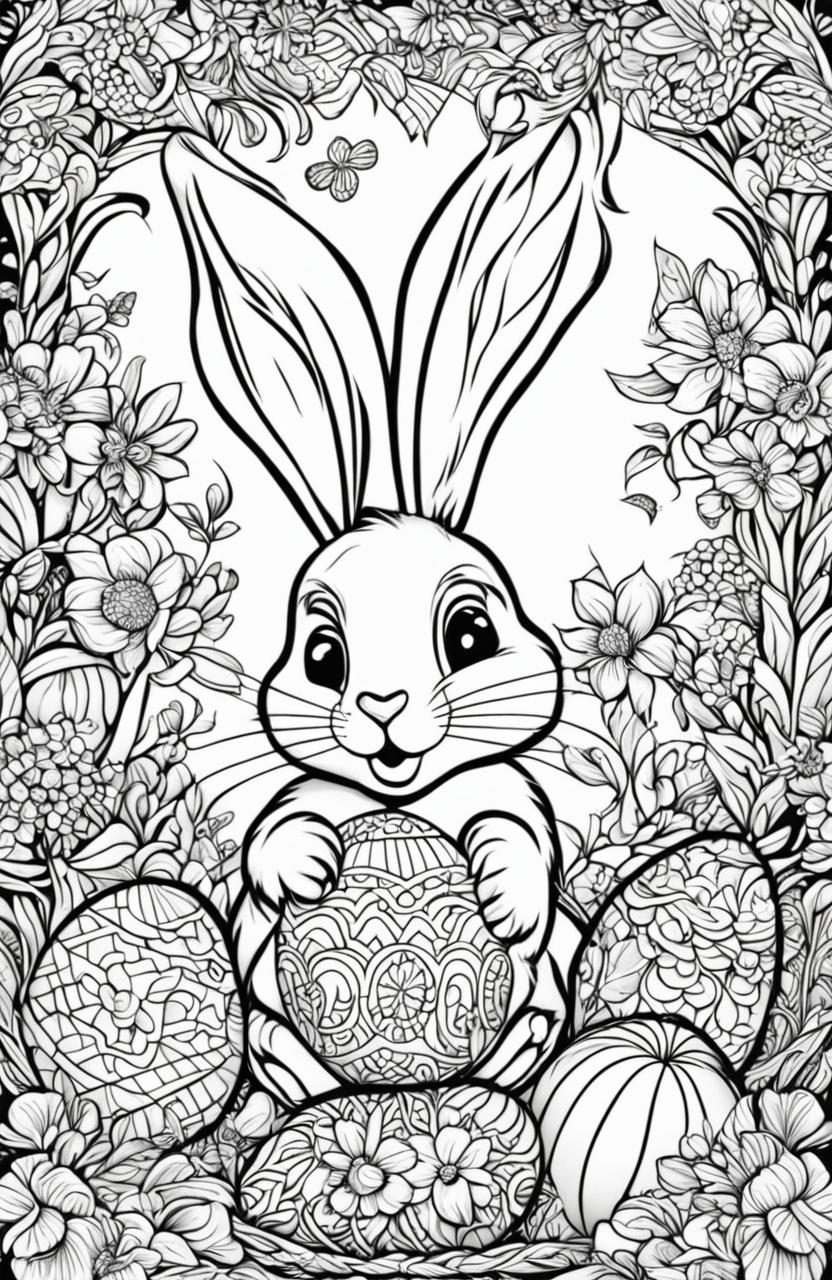 This is a detailed, black and white colouring book page featuring a playful Easter Bunny surrounded by decorated Easter eggs and spring flowers, all designed in the intricate style of Tim Jeffs