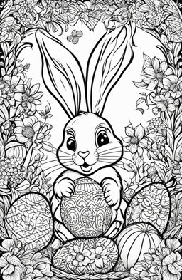 This is a detailed, black and white colouring book page featuring a playful Easter Bunny surrounded by decorated Easter eggs and spring flowers, all designed in the intricate style of Tim Jeffs