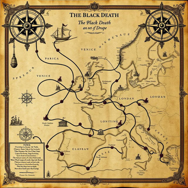 An intricate, vintage map illustrating the spread of the Black Death from the port of Caffa to various parts of Europe