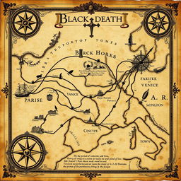 An intricate, vintage map illustrating the spread of the Black Death from the port of Caffa to various parts of Europe
