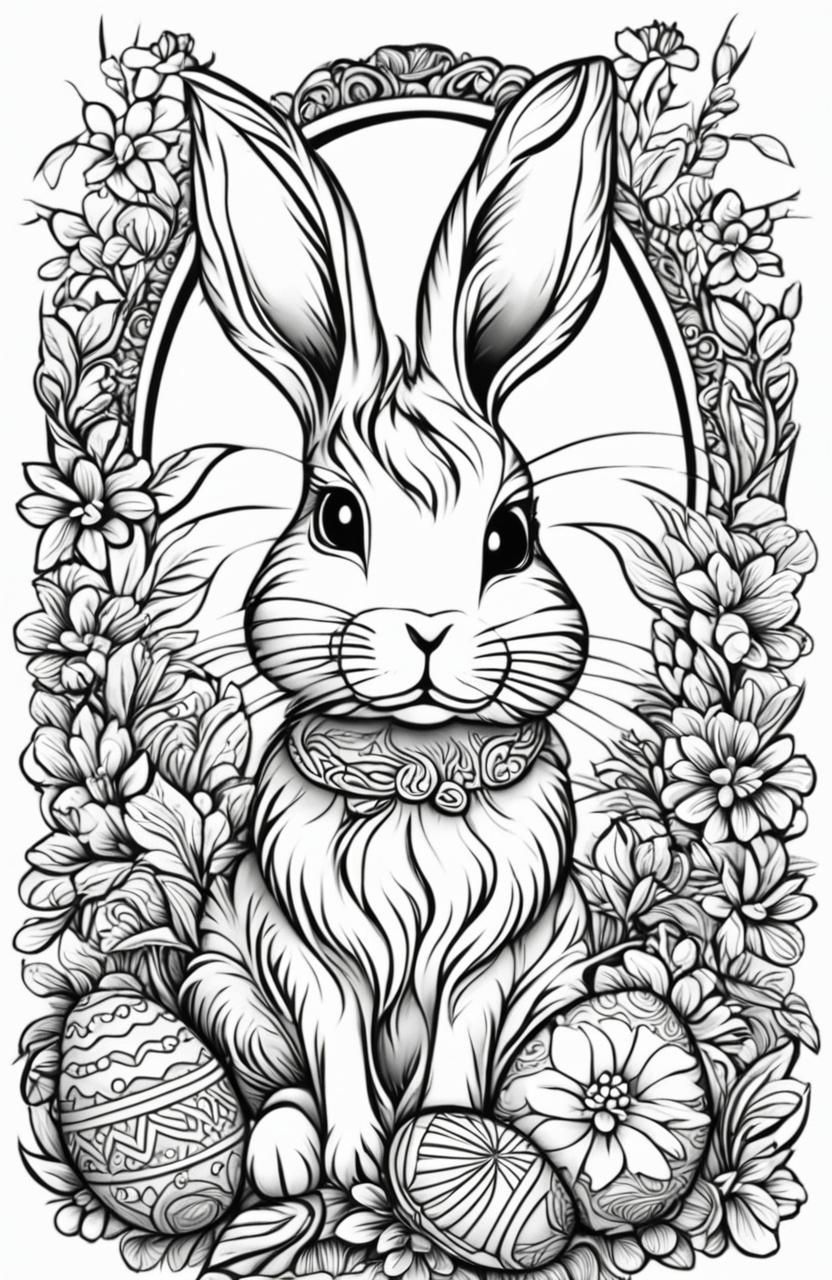 This is a detailed, black and white colouring book page featuring a playful Easter Bunny surrounded by decorated Easter eggs and spring flowers, all designed in the intricate style of Tim Jeffs