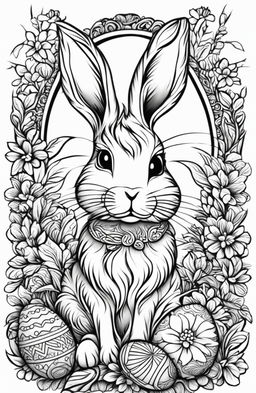 This is a detailed, black and white colouring book page featuring a playful Easter Bunny surrounded by decorated Easter eggs and spring flowers, all designed in the intricate style of Tim Jeffs