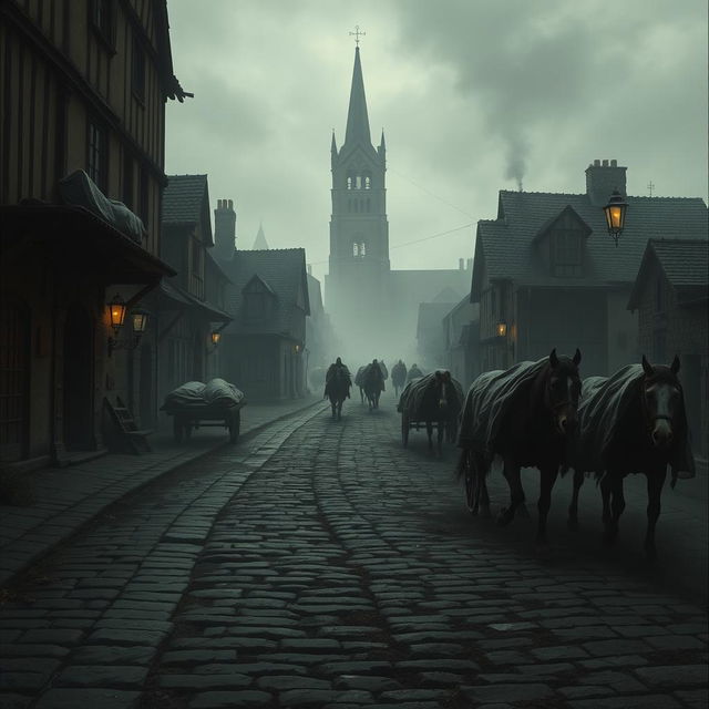 A grim and haunting depiction of a medieval town struck by the Black Death, showcasing desolate, empty streets lined with dilapidated buildings