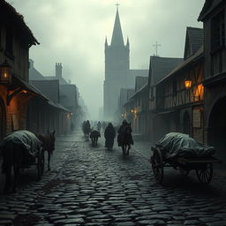 A grim and haunting depiction of a medieval town struck by the Black Death, showcasing desolate, empty streets lined with dilapidated buildings