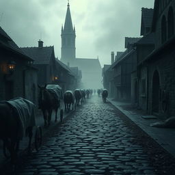 A grim and haunting depiction of a medieval town struck by the Black Death, showcasing desolate, empty streets lined with dilapidated buildings