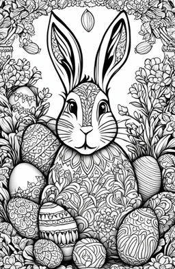 This is a detailed, black and white colouring book page featuring a playful Easter Bunny surrounded by decorated Easter eggs and spring flowers, all designed in the intricate style of Tim Jeffs