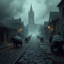 A grim and haunting depiction of a medieval town struck by the Black Death, showcasing desolate, empty streets lined with dilapidated buildings