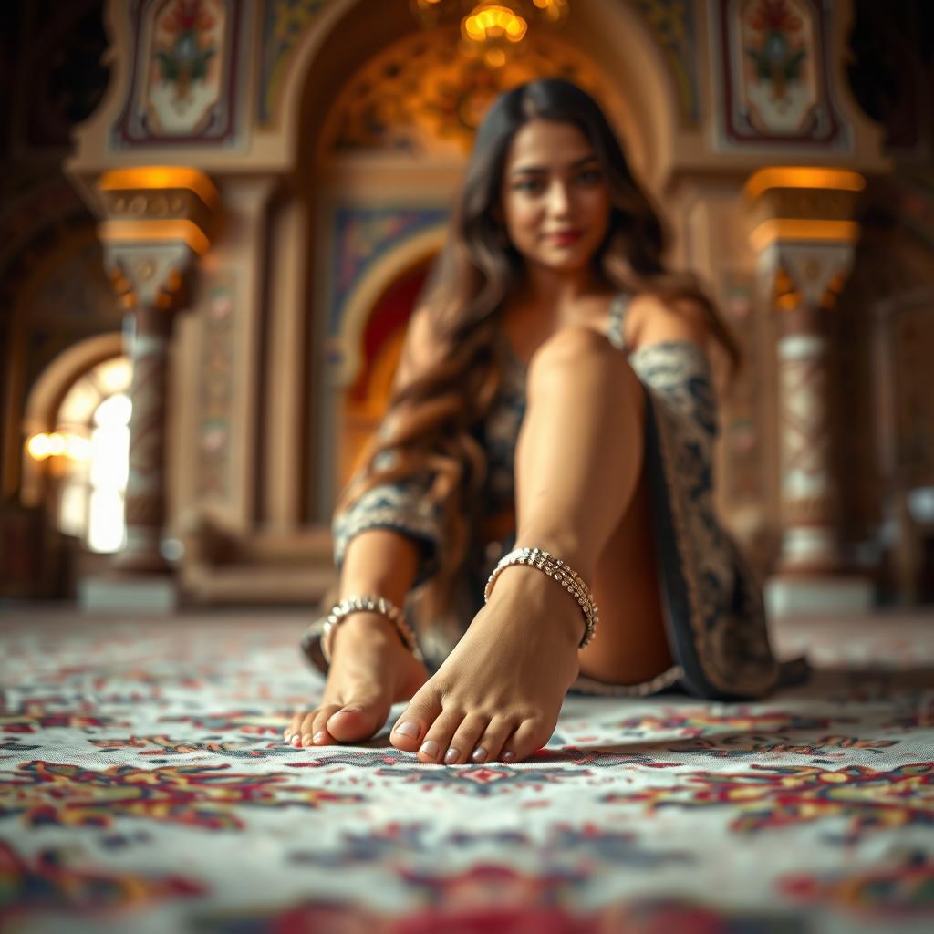 A beautiful Persian girl sitting gracefully on a luxurious carpet, her delicate feet adorned with elegant anklets