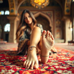 A beautiful Persian girl sitting gracefully on a luxurious carpet, her delicate feet adorned with elegant anklets