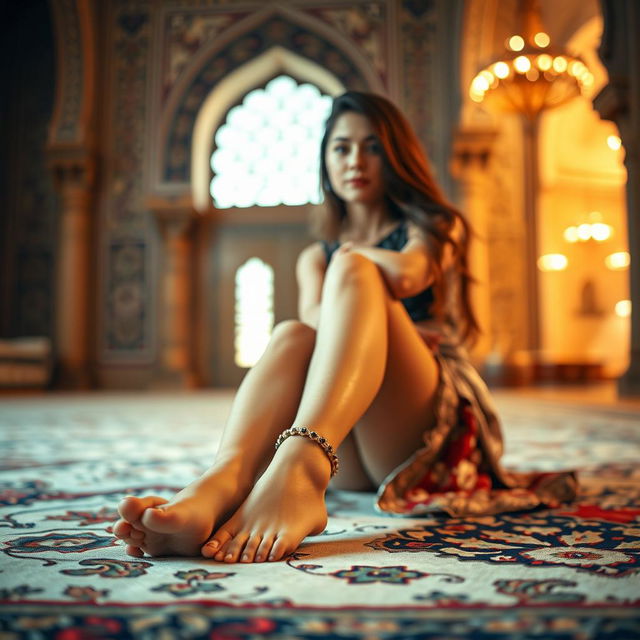 A beautiful Persian girl sitting gracefully on a luxurious carpet, her delicate feet adorned with elegant anklets